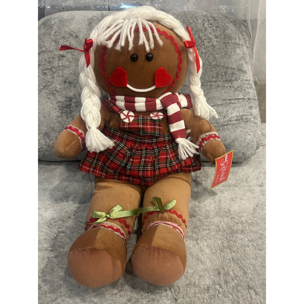 Softouch Toys Gingerbread Girl Plush Holiday Doll Plaid Jumper Yarn Hair NWT